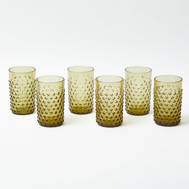 Elevate your drinking experience with the classic beauty of our Set of 6 Olive Green Hobnail Glasses - a tribute to timeless elegance.