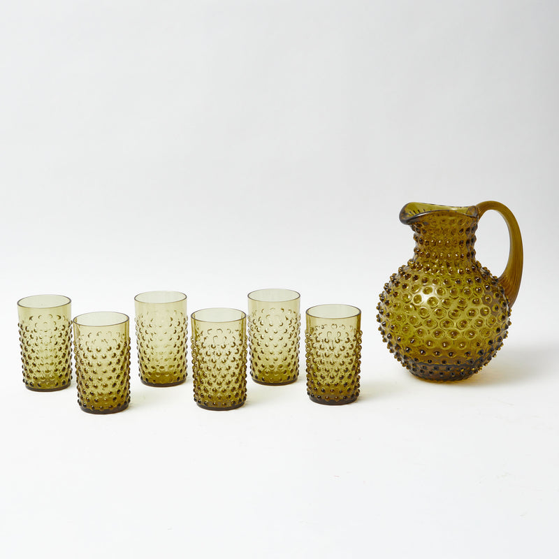 Upgrade your glassware collection with the Olive Green Hobnail Jug & Glasses Set - the epitome of olive green and stylish design.