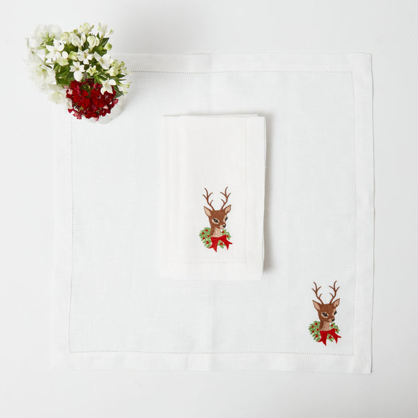 Enhance your table decor with the charm of Bambi Deer White Linen Napkins (Set of 4).