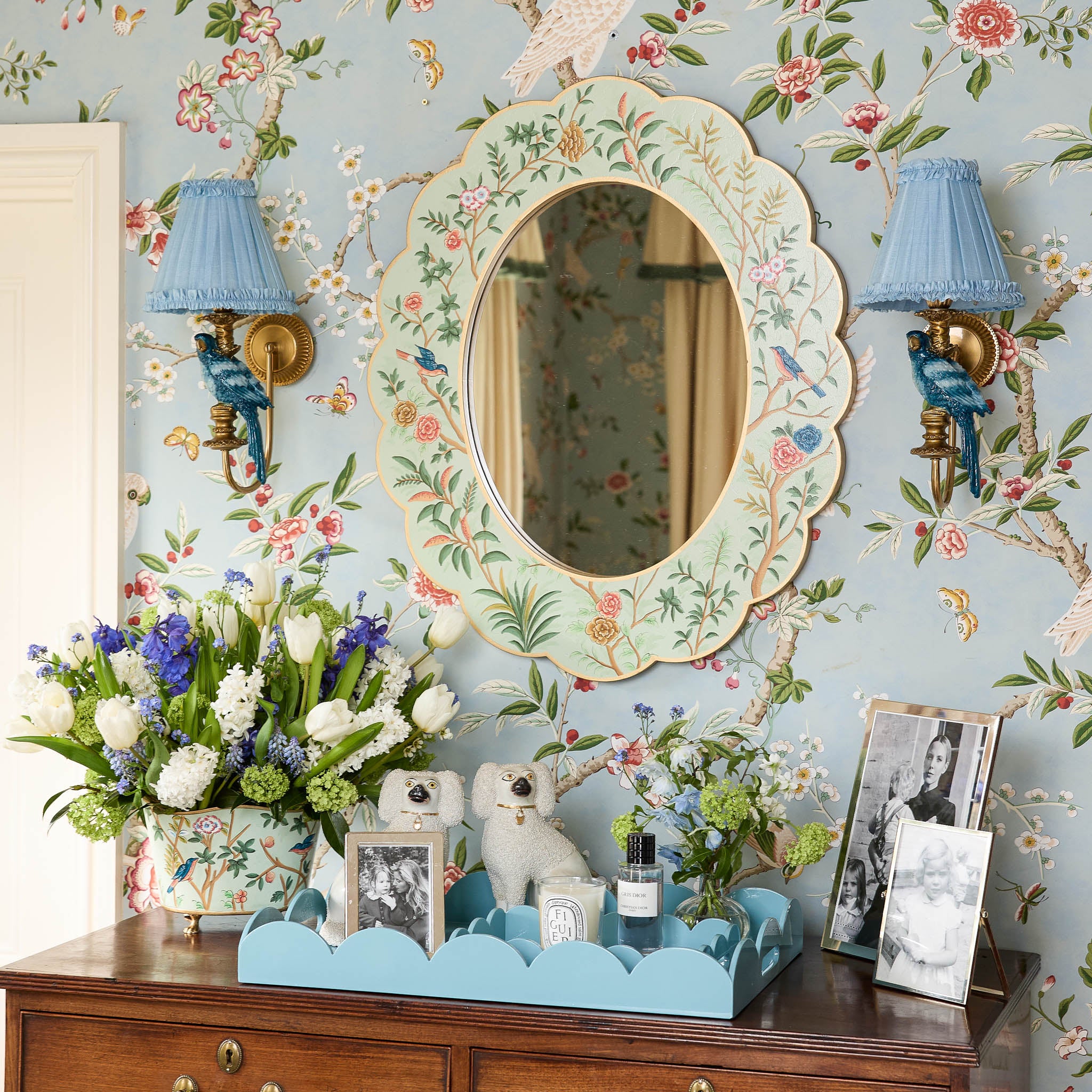 Blue Parrot Rechargeable Wall Light with Soft Blue Frilled Silk Shade (18cm)