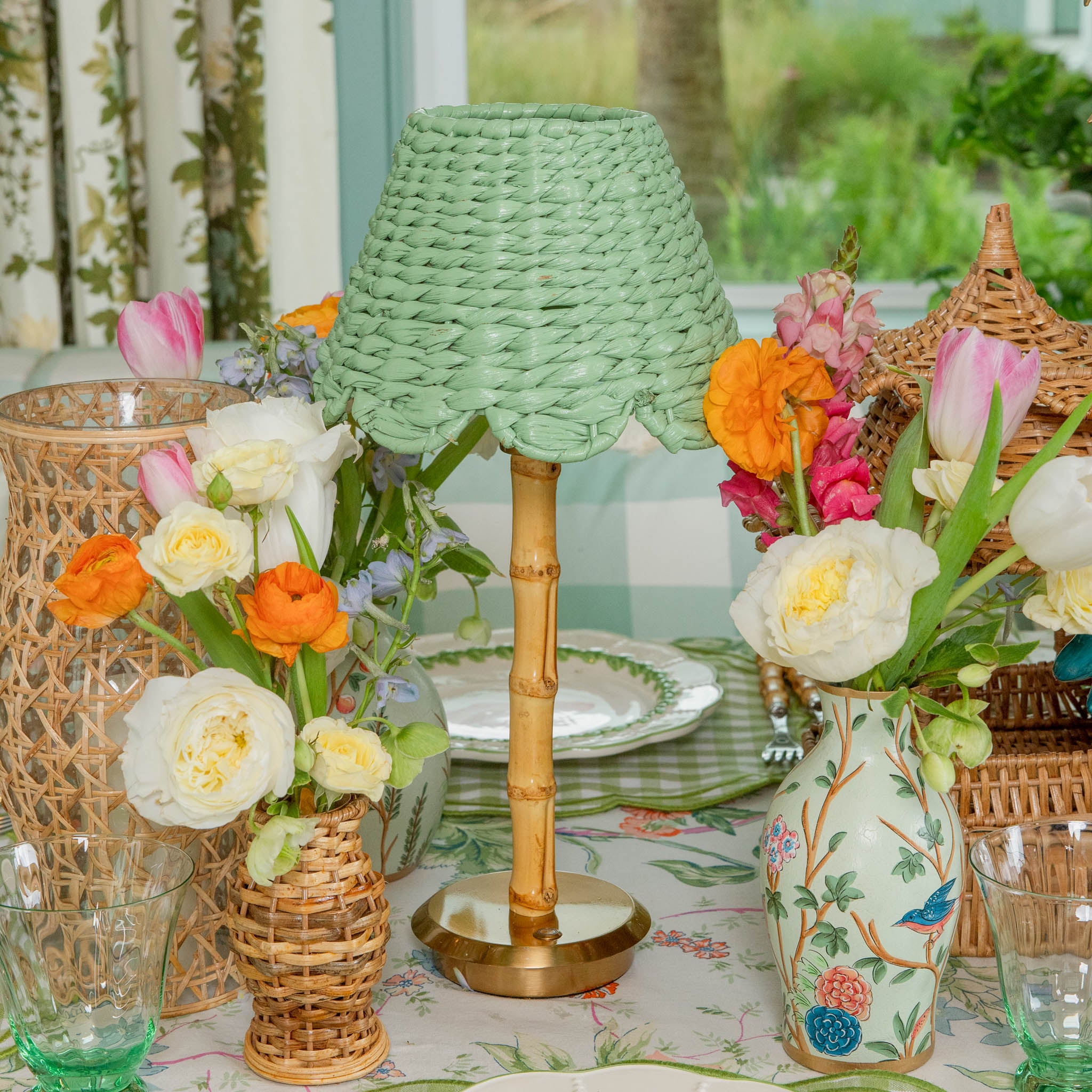 Rechargeable Bamboo Lamp with Green Seagrass Shade