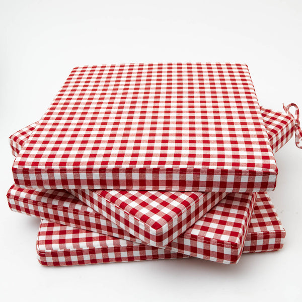 Elevate your seating comfort with our Berry Red Gingham Seat Pad Cushions (Set of 4).