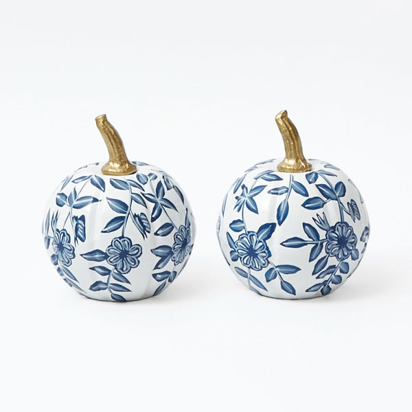 Pair of White Chinoiserie Pumpkins: Elegance in fall decor.