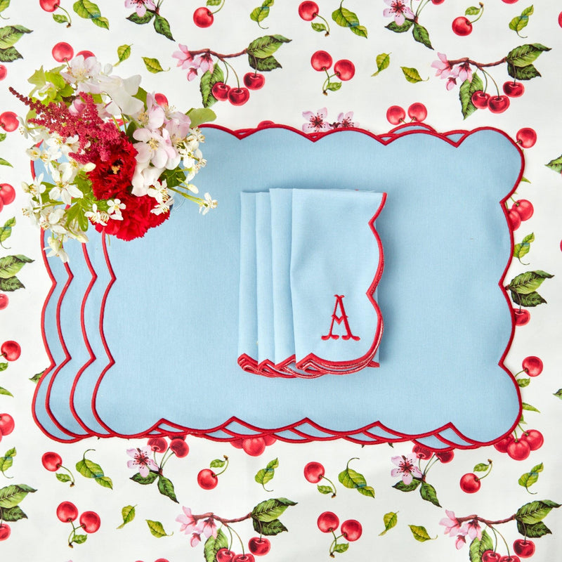 Blue with Red Scallop Placemats & Napkins (Set of 4) - Mrs. Alice