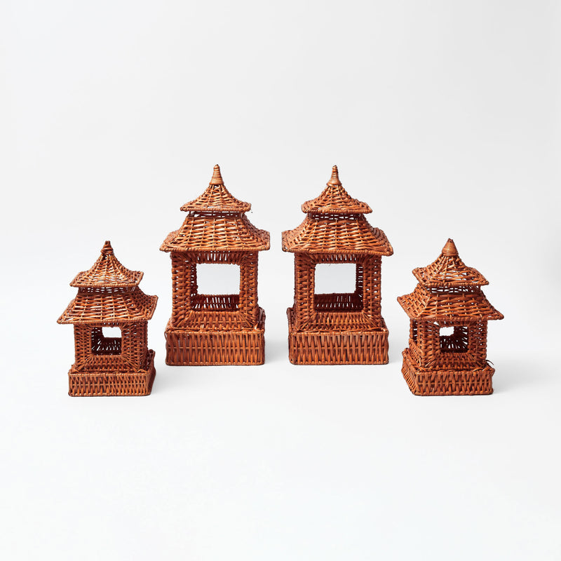 Two small burnt rattan pagoda lanterns, ideal for minimalist decor.
