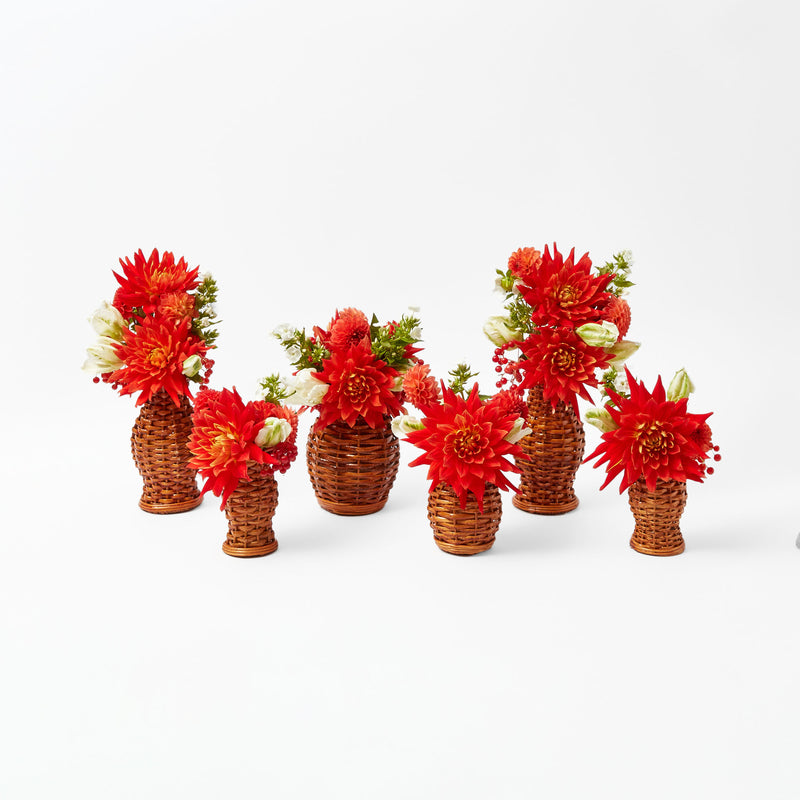 Small burnt rattan vase set, three vessels ideal for petite floral displays.