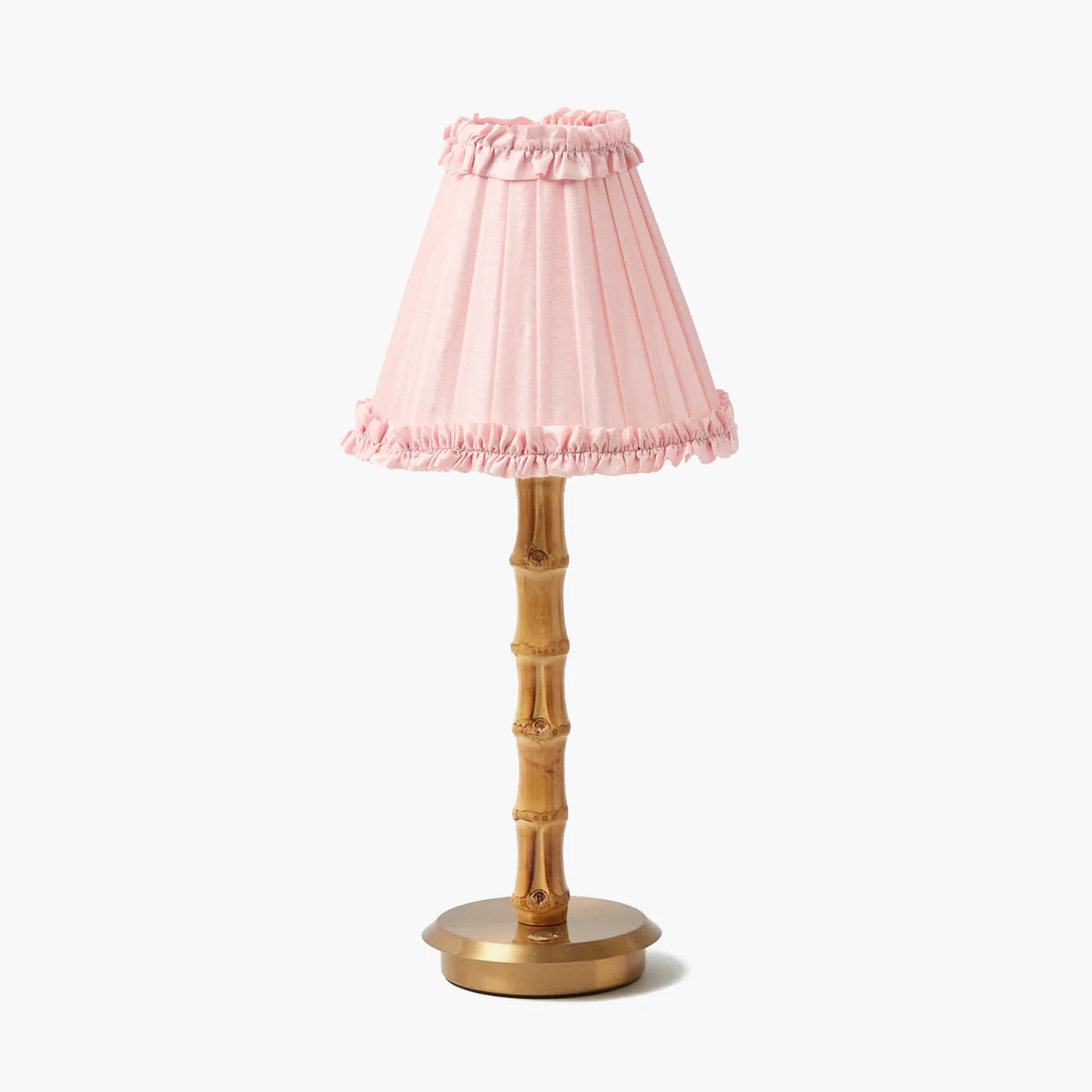 Rechargeable Bamboo Lamp with Pale Pink Silk Frilled Shade (18cm)