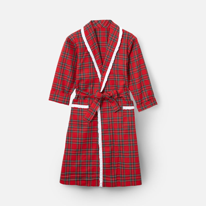 Embrace the comfort and charm of our Children's Red Tartan Frilled Dressing Gown, ideal for adding a touch of classic elegance to your kids' relaxation time.