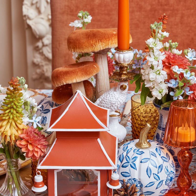 White Chinoiserie Pumpkins set the stage for an elegant fall display.