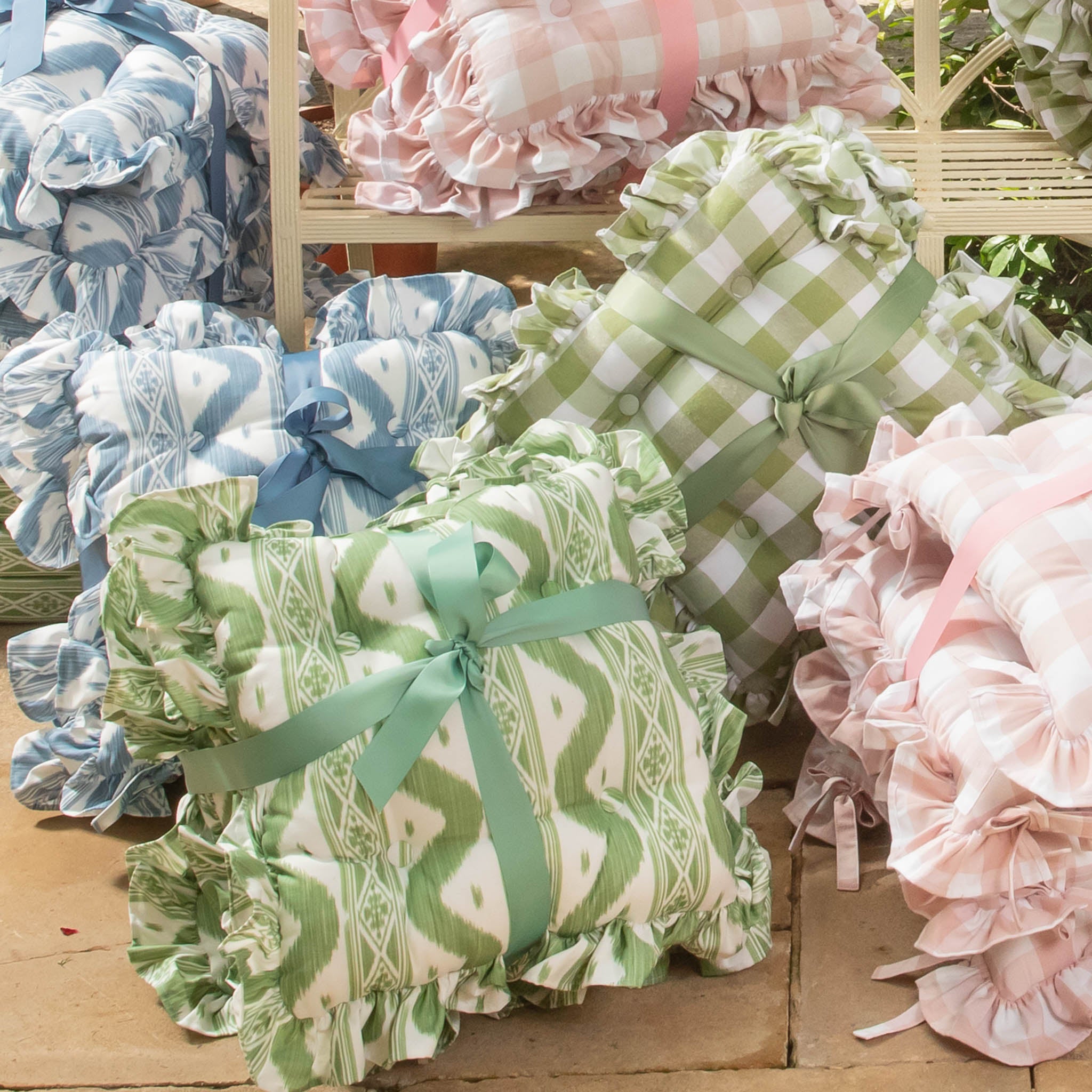 Frilled Green Ikat Seat Pad Cushion (Set of 4)