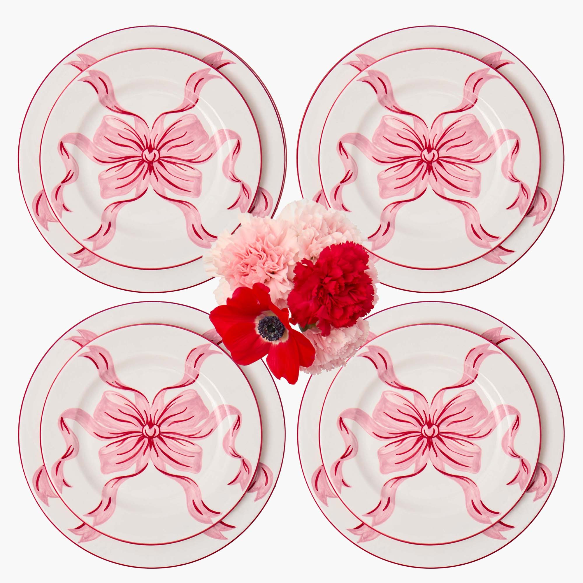 Audrey Pink & Red Bow Dinner & Starter Plates (Set of 8)