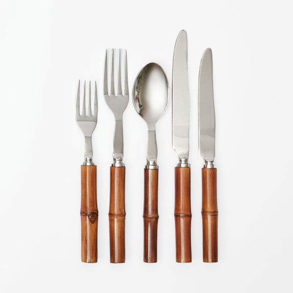 Elevate your dining experience with Faux Burnt Bamboo Cutlery, a 5-piece set that combines style and sustainability for an eco-friendly dining choice.