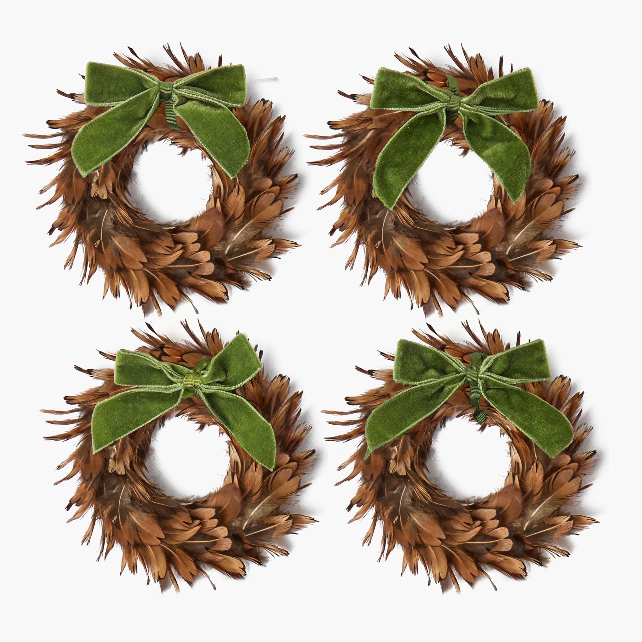 Feather Wreaths with Forest Green Velvet Bows (Set of 4)