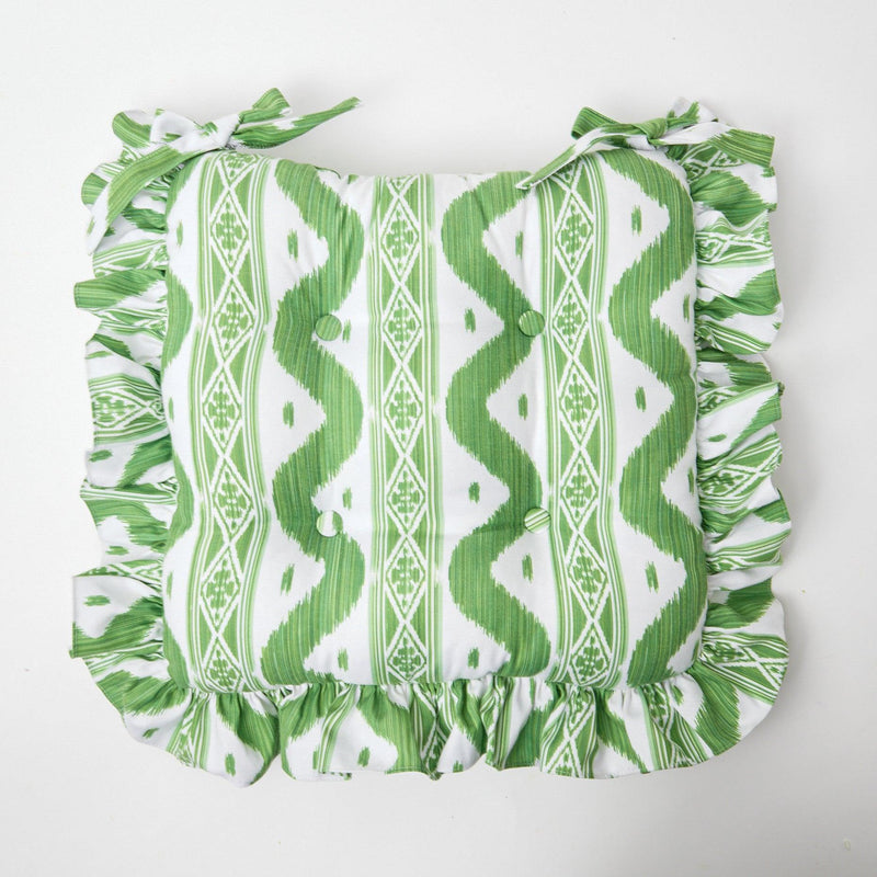 Frilled Green Ikat Seat Pad Cushion (Set of 4) - Mrs. Alice
