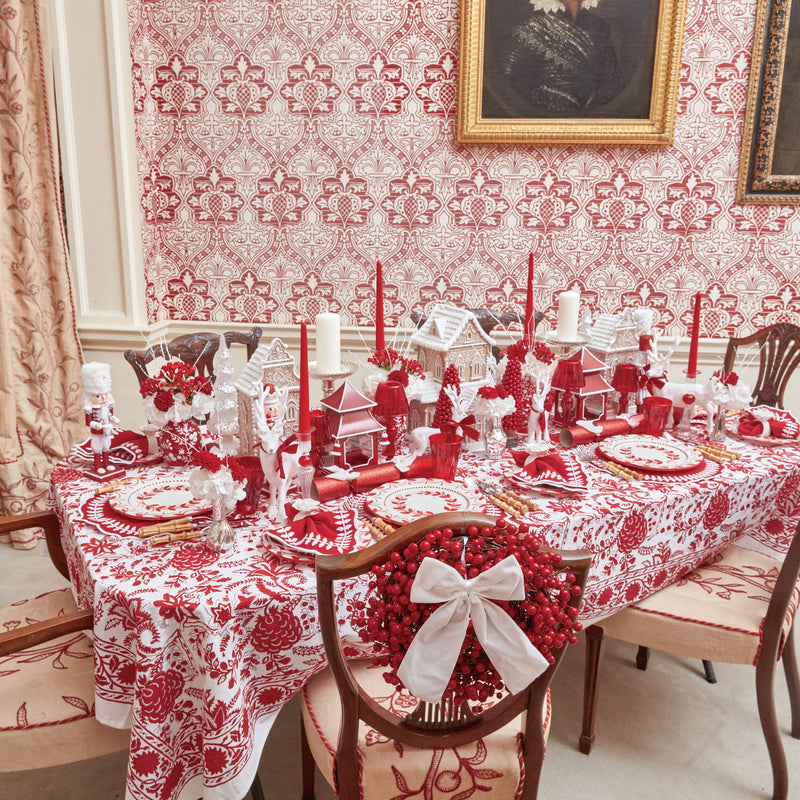 Create a captivating Christmas table with the Beatrice Red Tablecloth, an elegant and delightful piece adorned with a festive design, perfect for holiday celebrations.