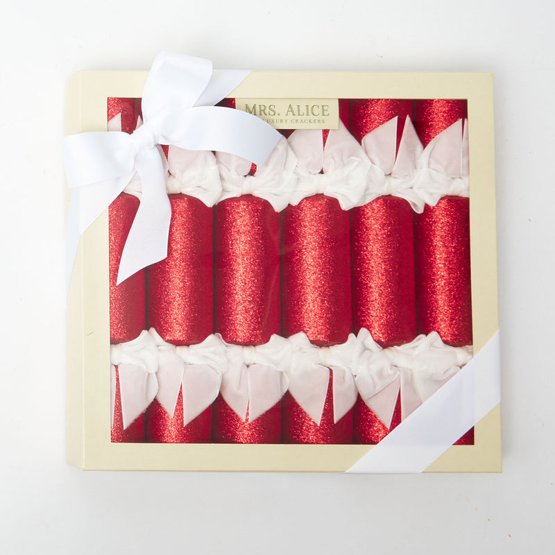 Elevate your festive table setting with Red Glitter Crackers and their exquisite White Velvet Bows.
