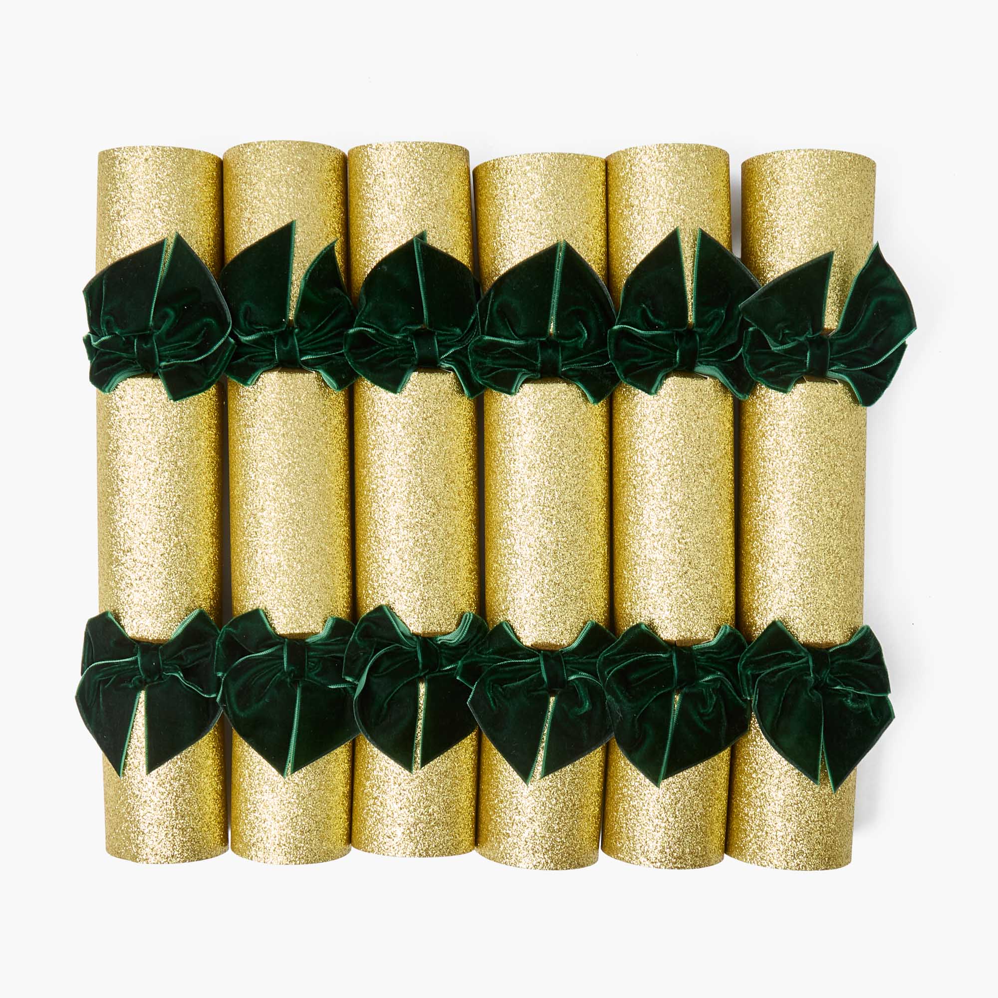 Gold Glitter Crackers With Green Velvet Bows (Set of 6)