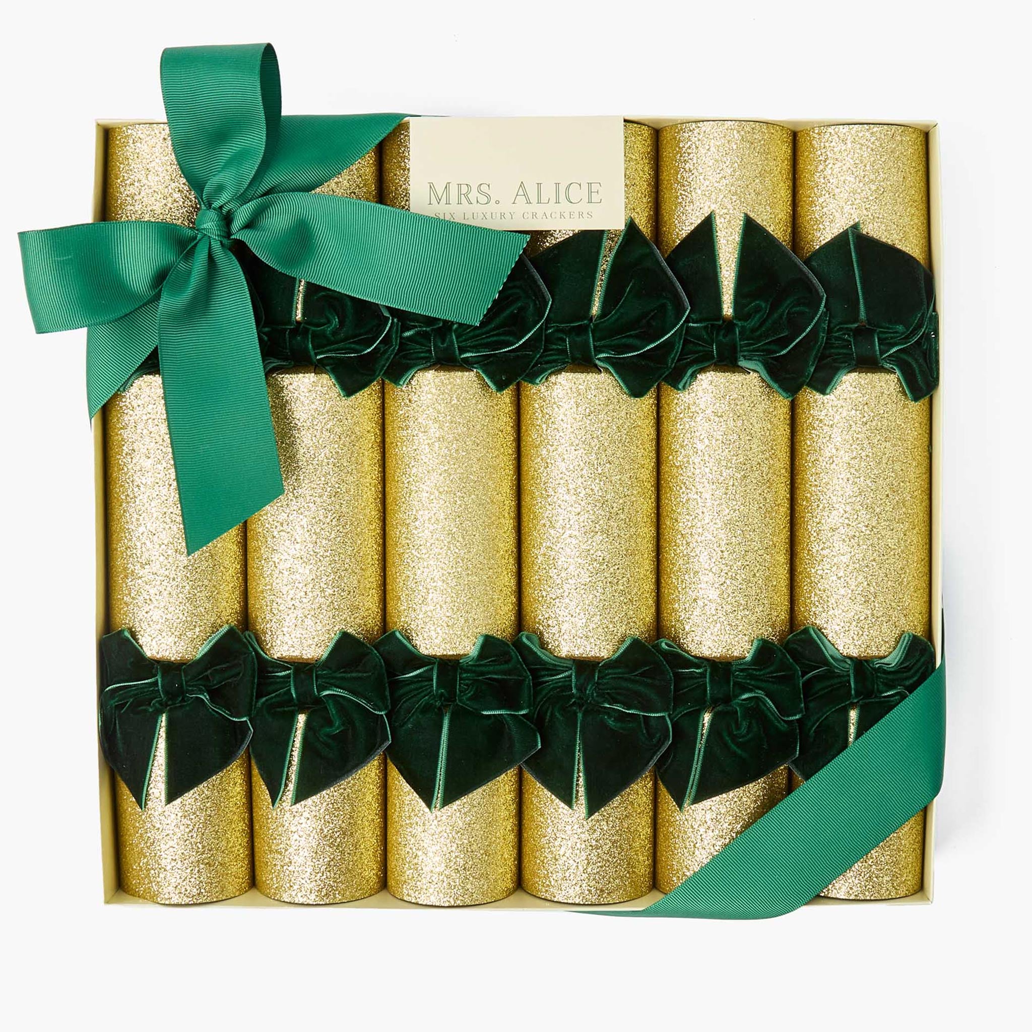 Gold Glitter Crackers With Green Velvet Bows (Set of 6)