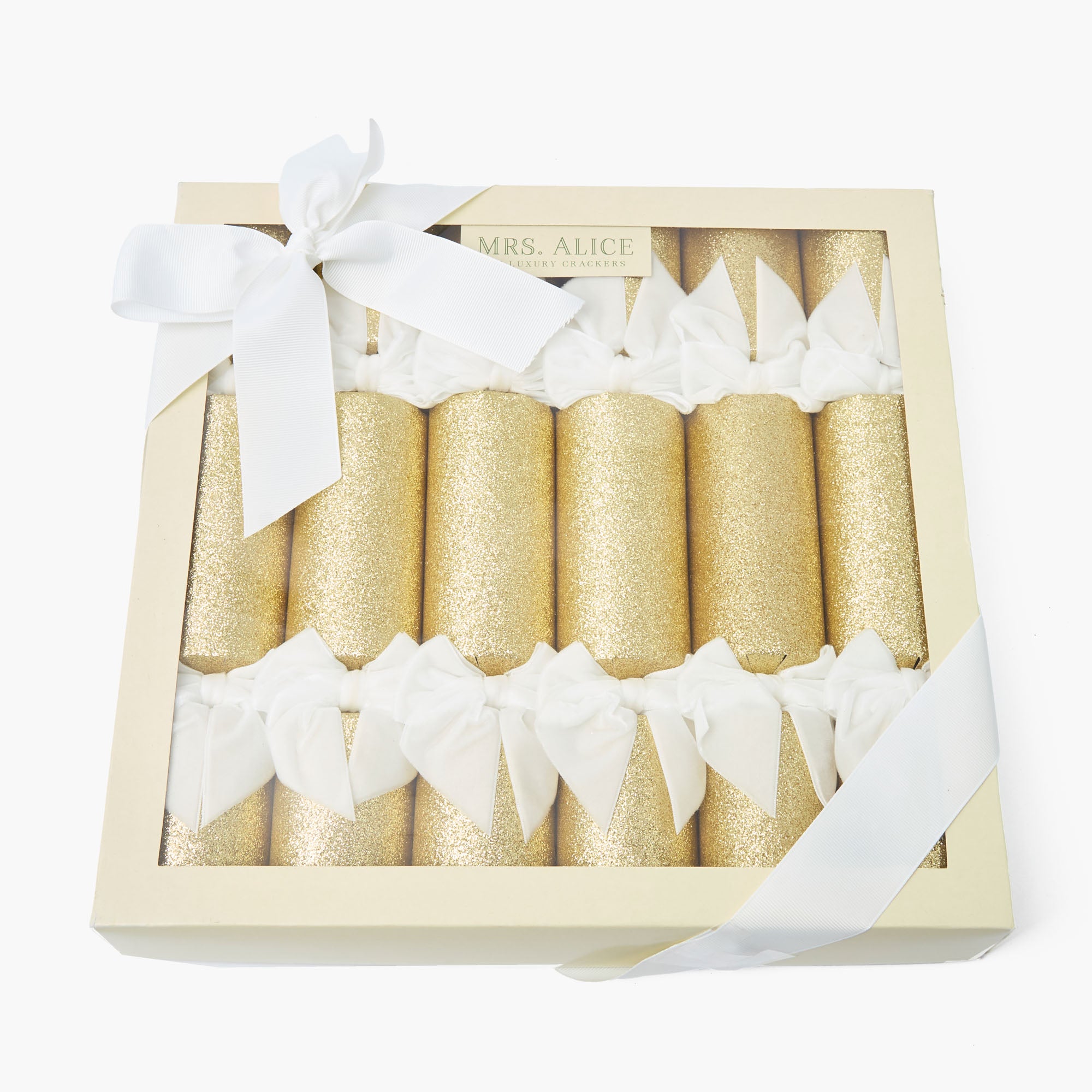 Gold Glitter Crackers with White Velvet Bows (Set of 6)