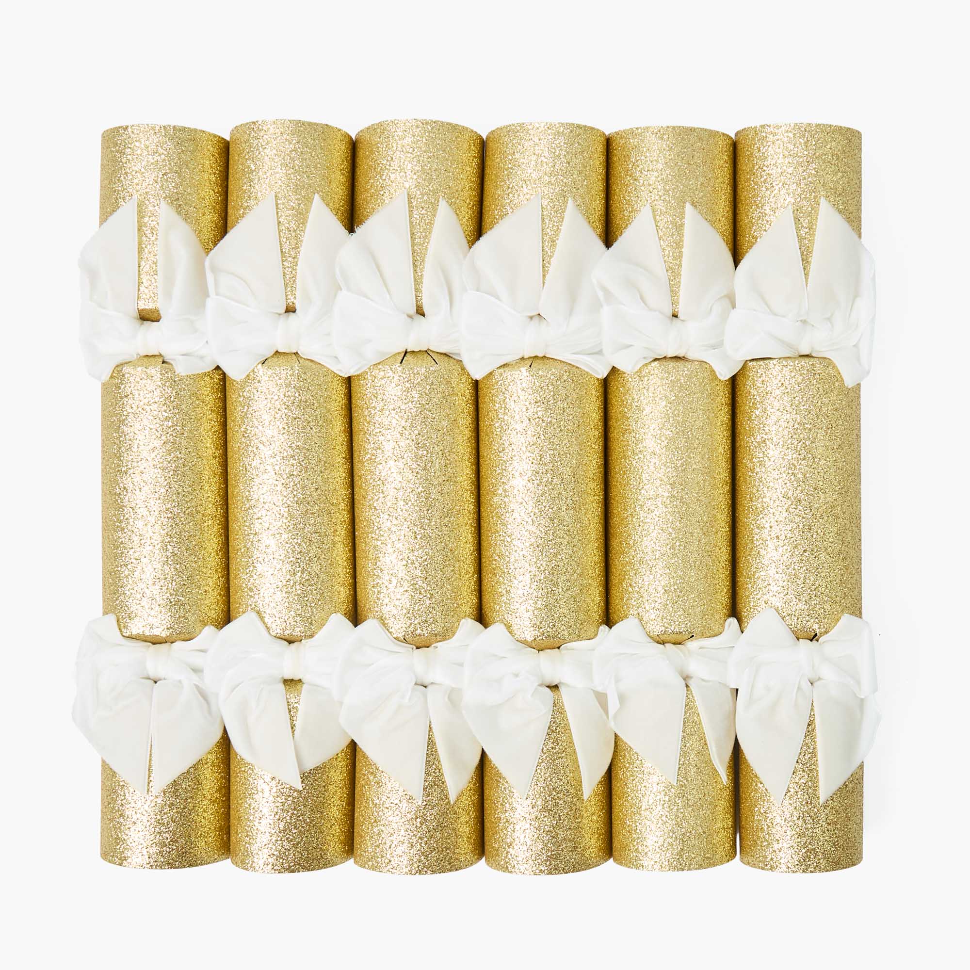 Gold Glitter Crackers with White Velvet Bows (Set of 6)