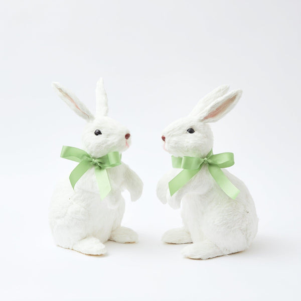 Green Bow Large White Rabbits (Pair) - Mrs. Alice