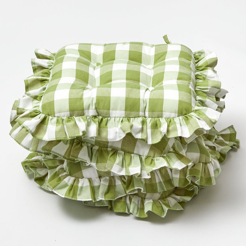 Green Gingham Ruffle Seat Pad Cushions (Set of 4) - Mrs. Alice