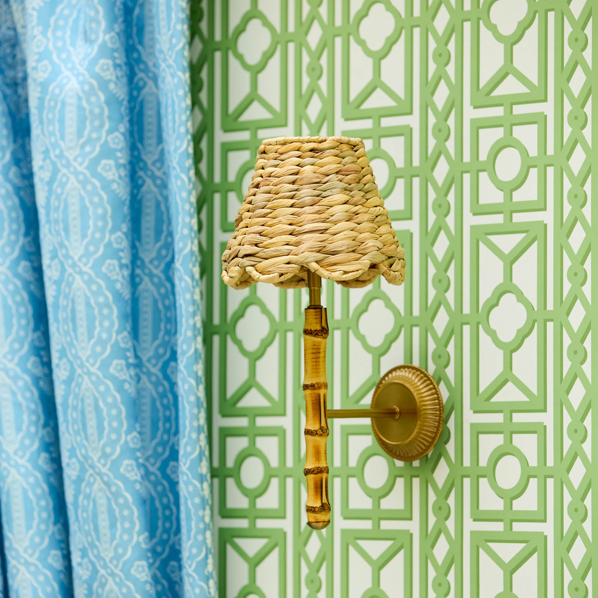 Bamboo Rechargeable Wall Light with Small Natural Seagrass Shade (18cm)