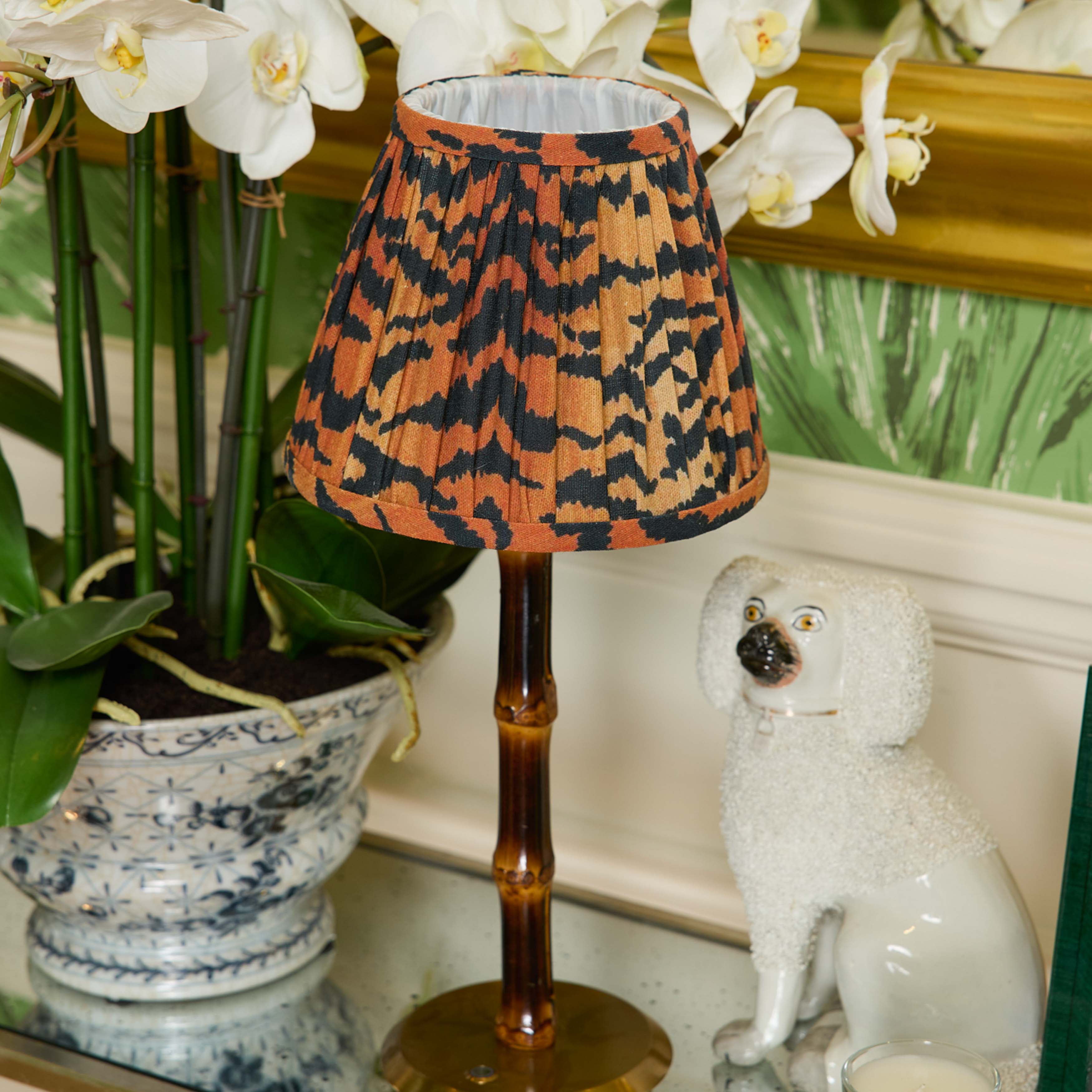 Burnt Bamboo Rechargeable Lamp with Tiger Print Shade (18cm)