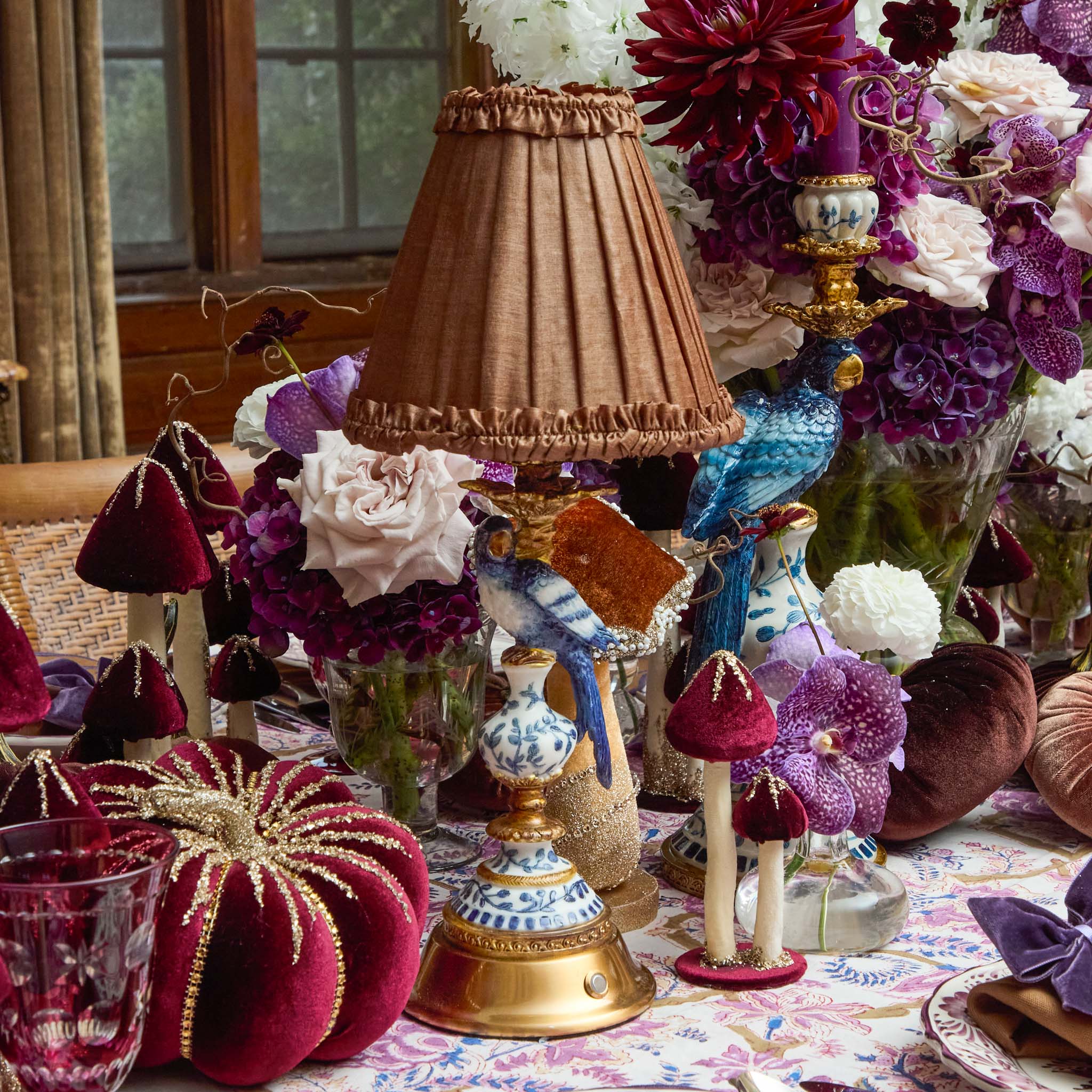 Blue Parrot Rechargeable Lamp with Brown Frilled Silk Shade (18cm)