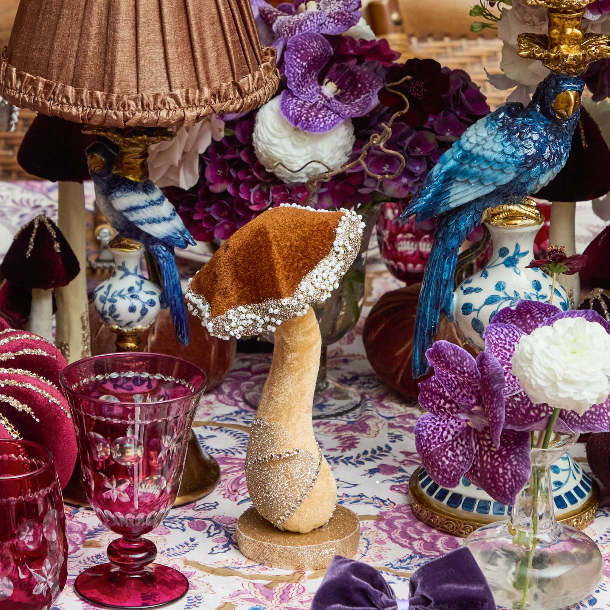 Chocolate Glitter Beaded Velvet Mushroom (Set of 6)