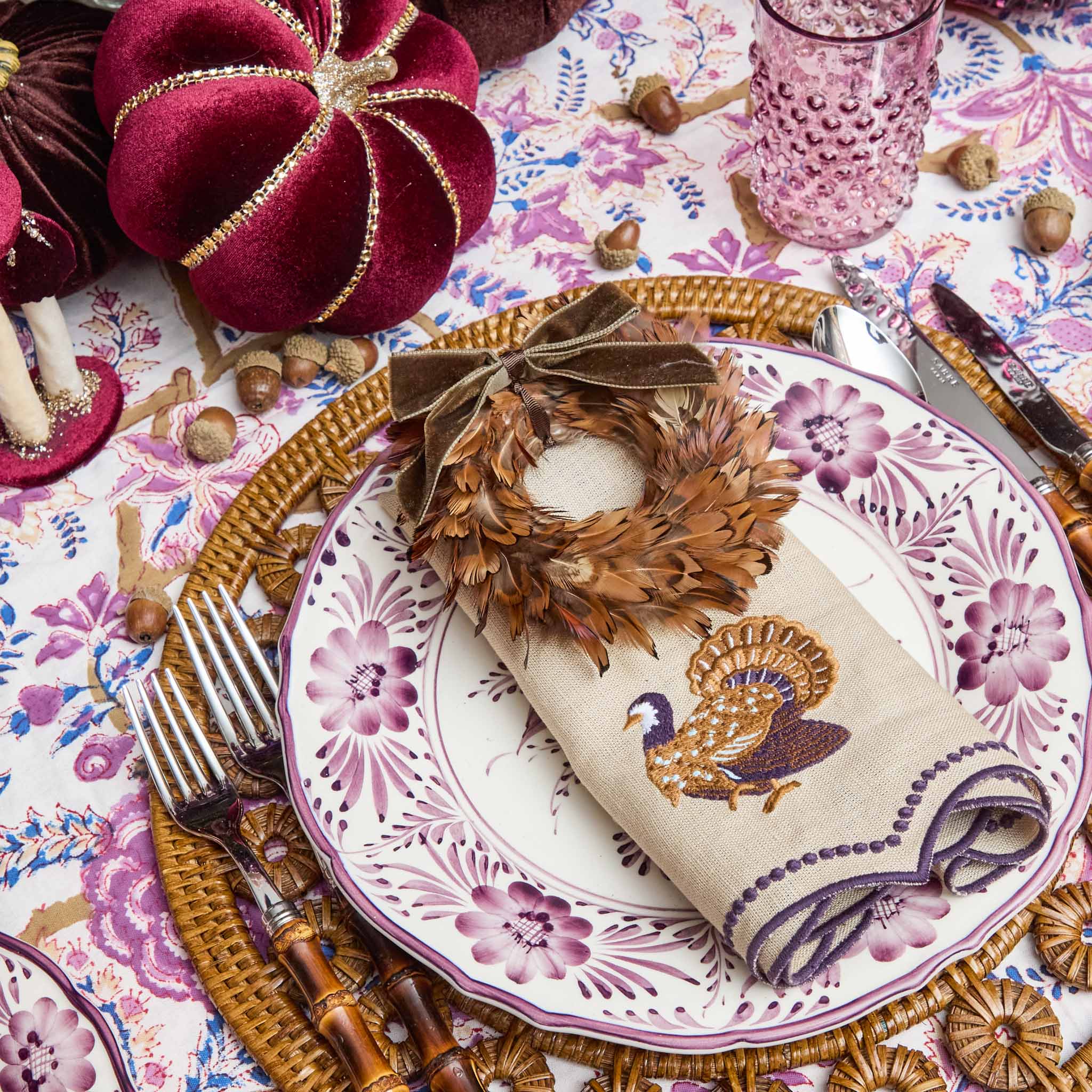 Feather Wreath with Chocolate Velvet Bows (Set of 4)