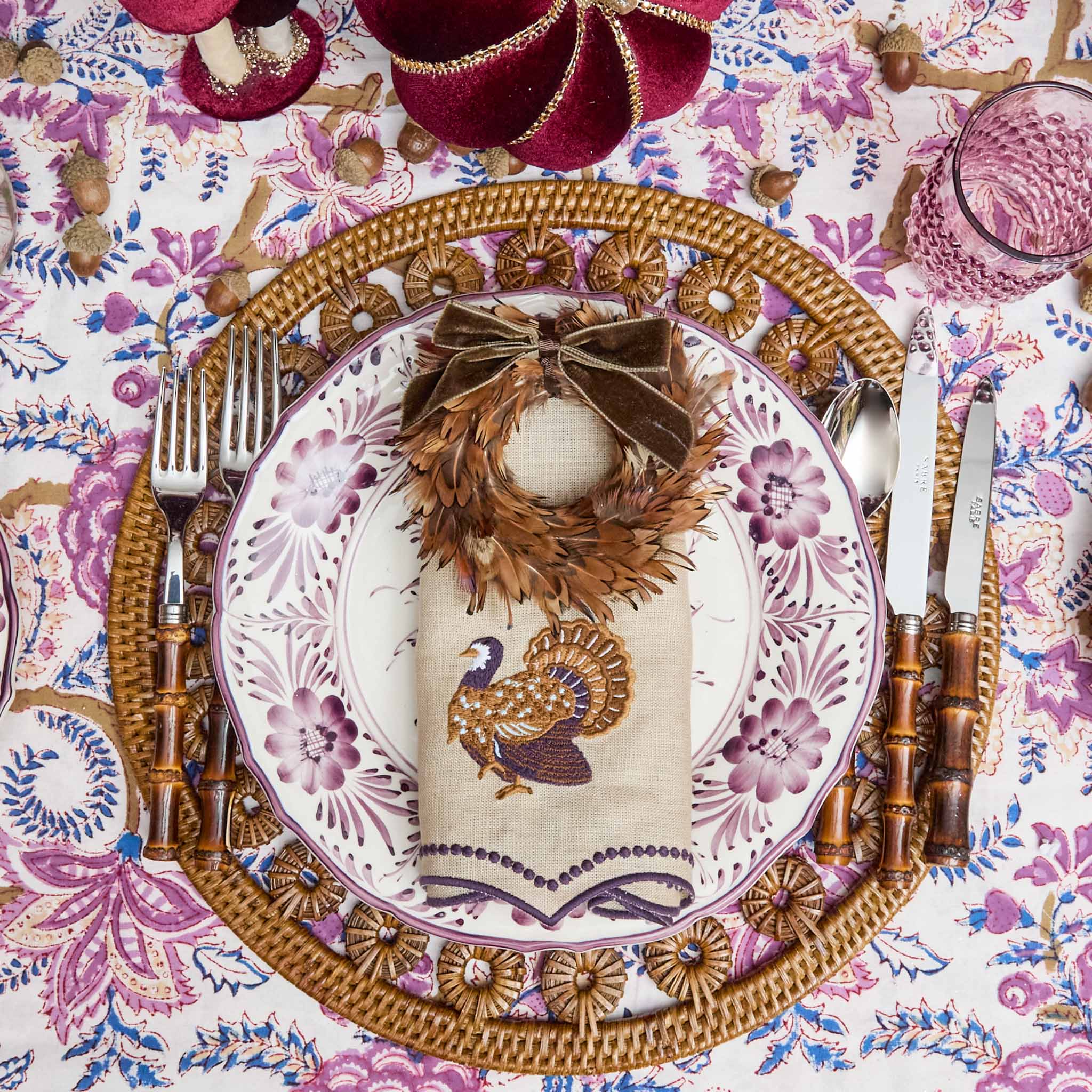 Feather Wreath with Chocolate Velvet Bows (Set of 4)