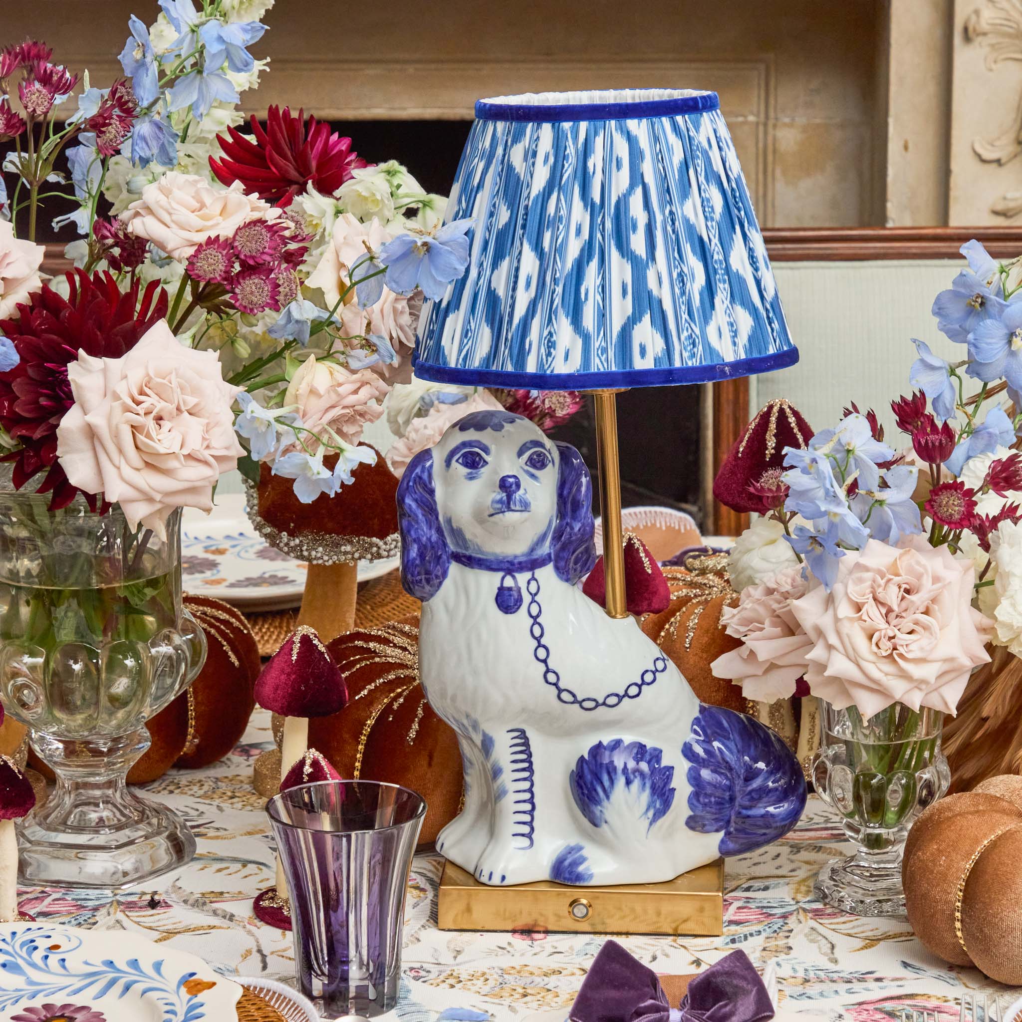 Rechargeable Staffordshire Dog Lamp with Cobalt Ikat Shade (22cm)