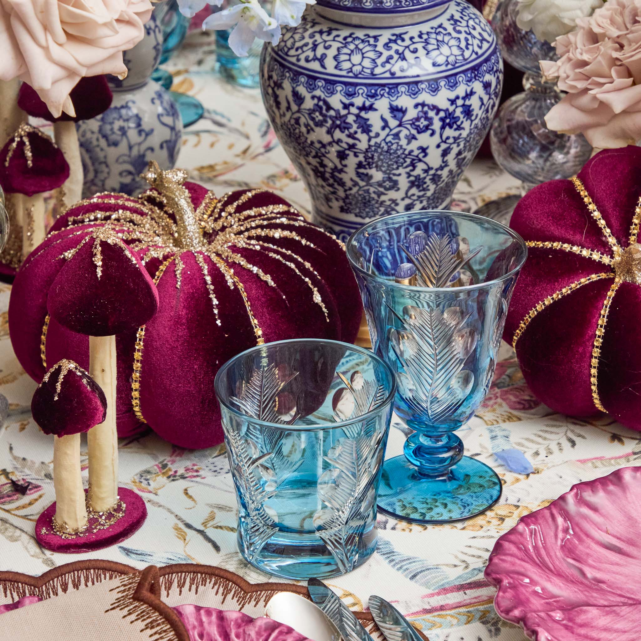 Blue Fern Engraved Water Glasses (Set of 4)