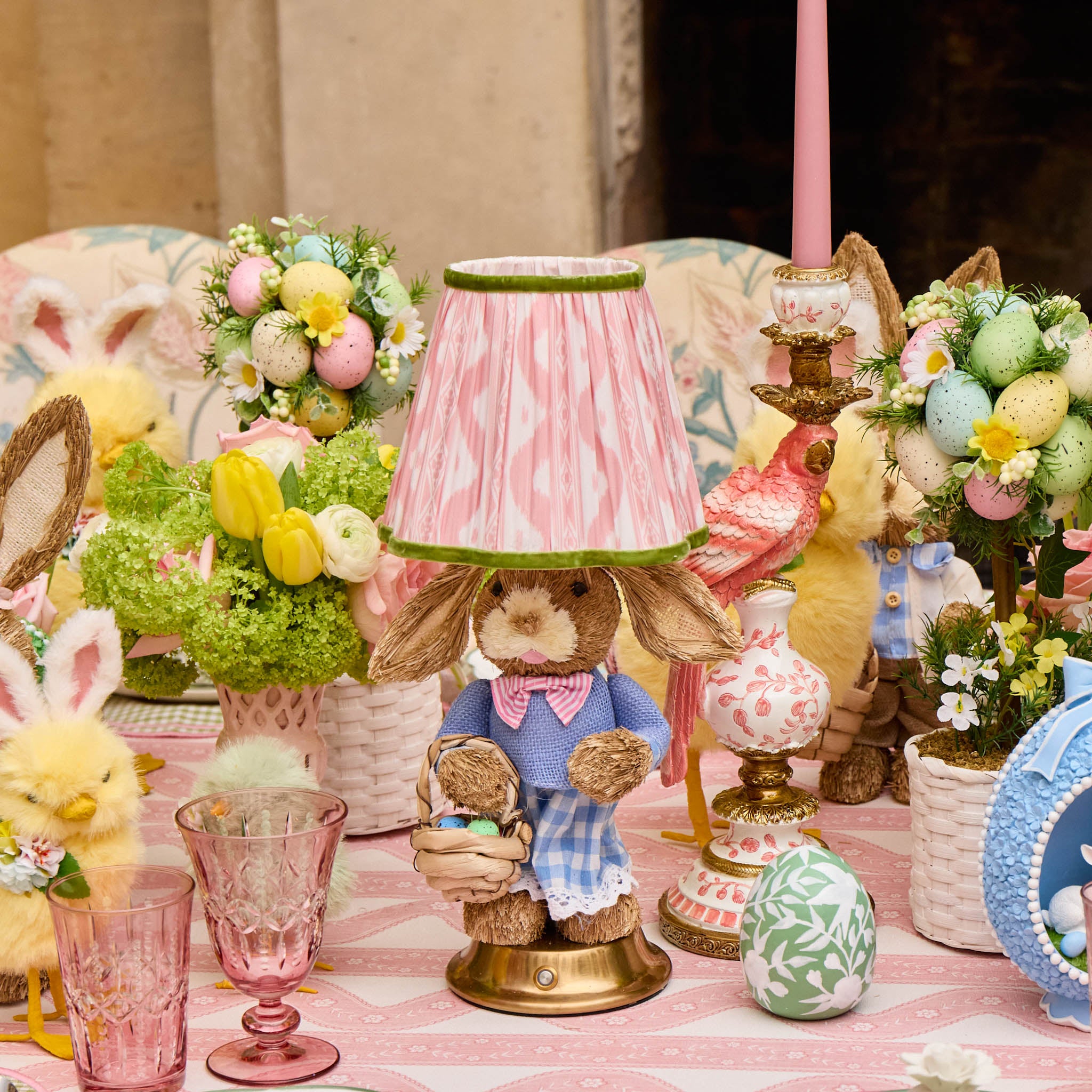 Easter Bunny Rechargeable Lamp with Pink & Green Ikat Shade (18cm)