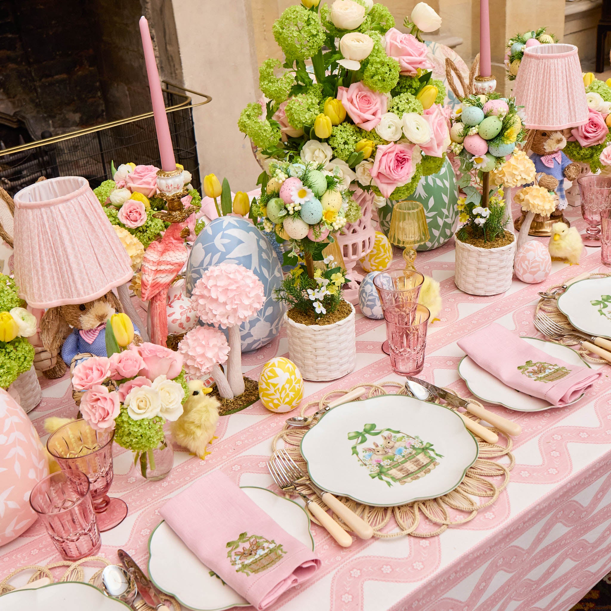 Bunnies in Basket Linen Embroidered Napkins (Set of 4)