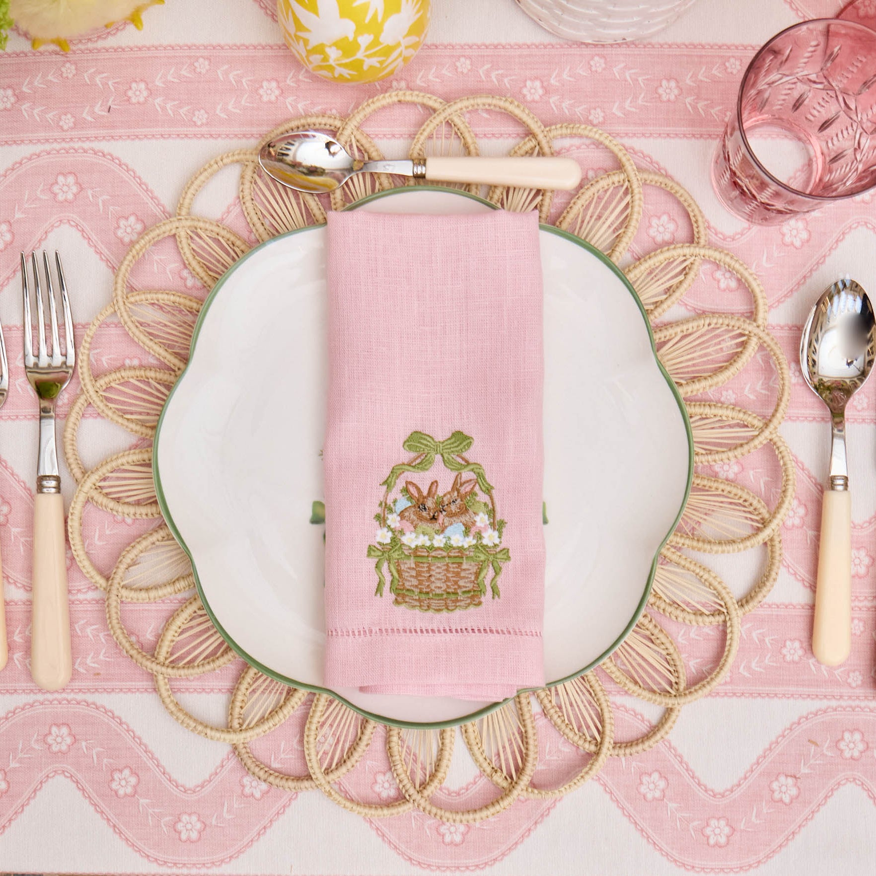 Bunnies in Basket Linen Embroidered Napkins (Set of 4)