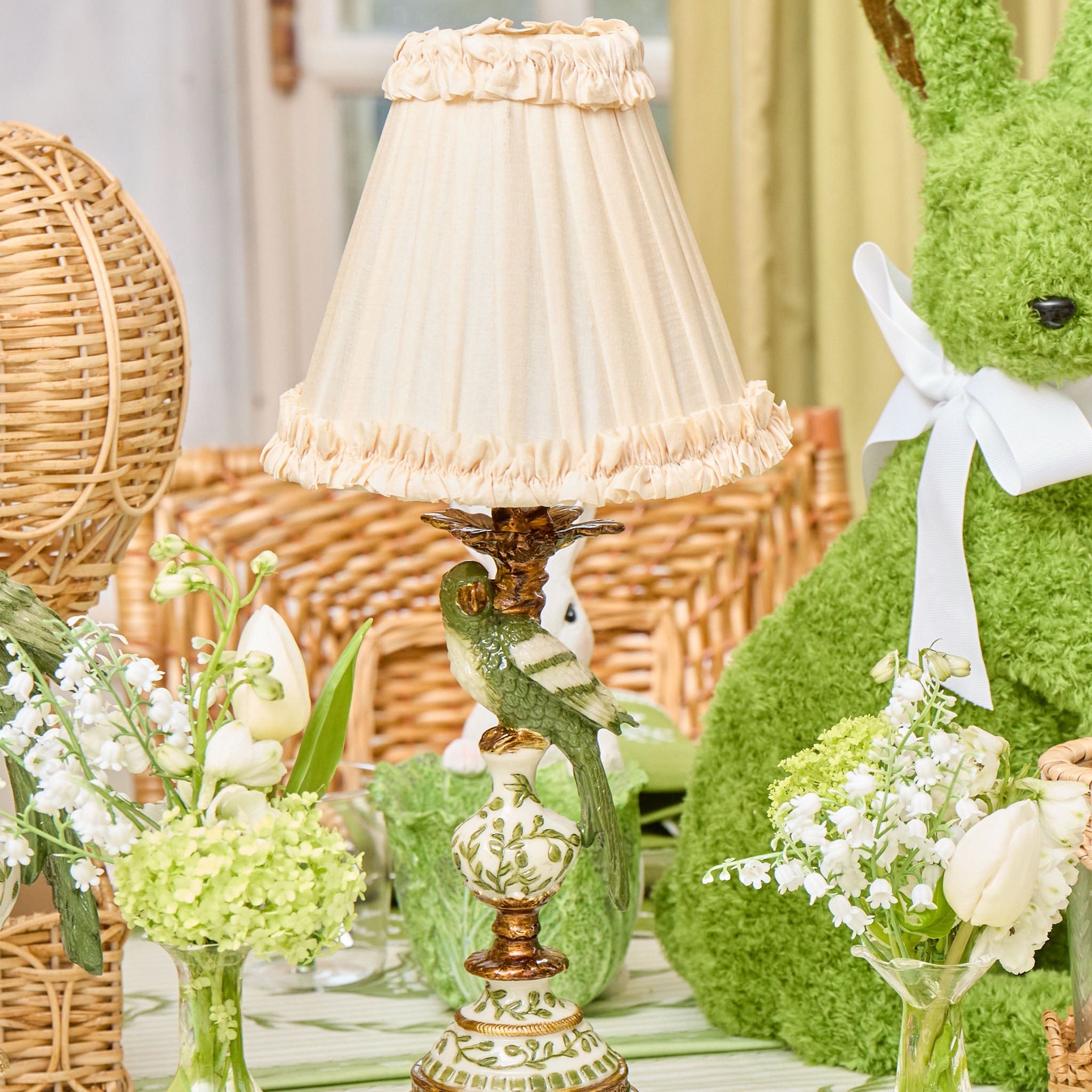 Olive Parrot Rechargeable Lamp with Cream Silk Frilled Shade (18cm)