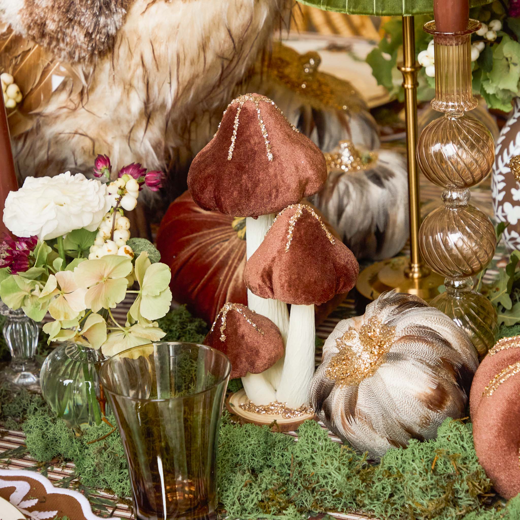 Tall Chocolate Glitter Velvet Mushroom (Pair) - 25cm