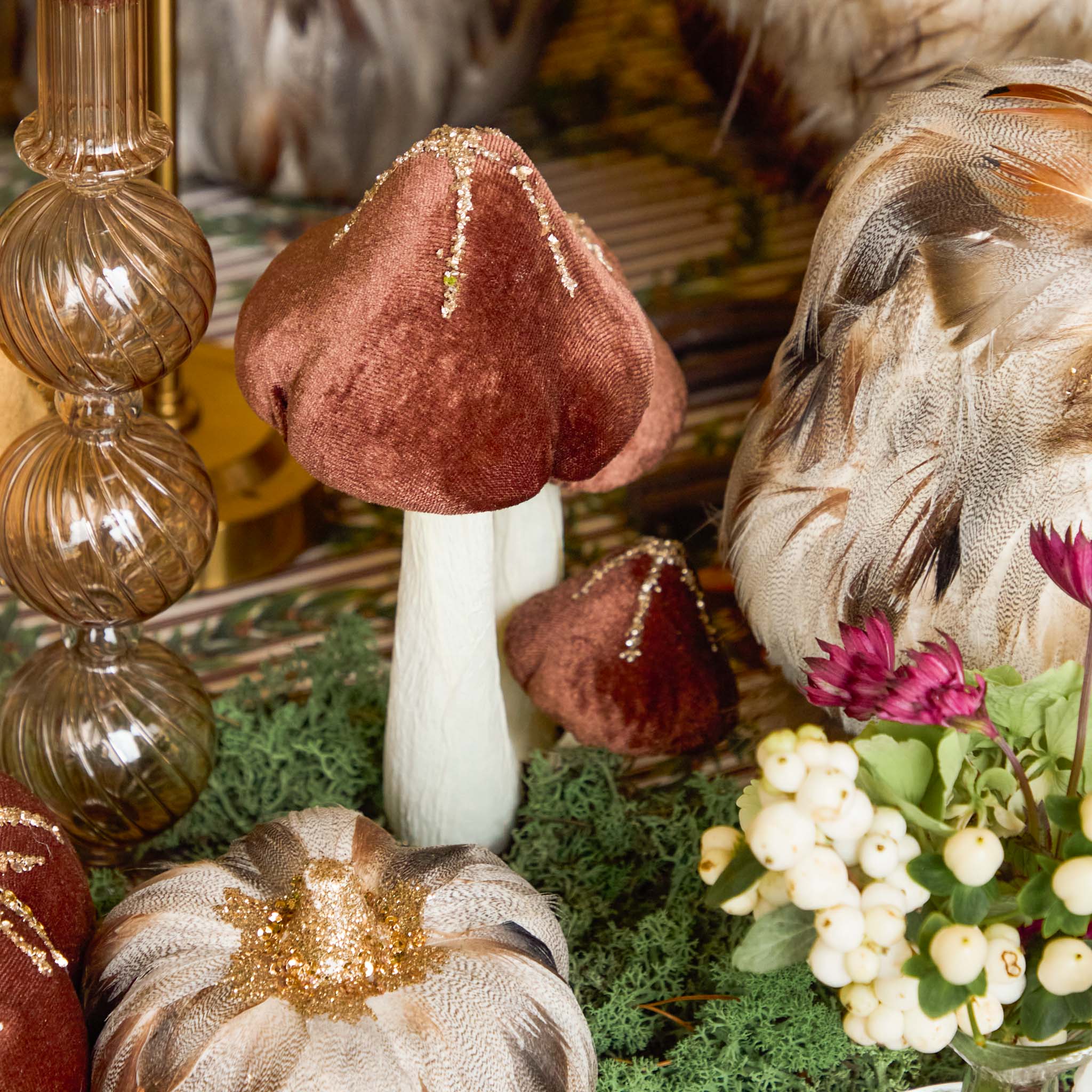 Tall Chocolate Glitter Velvet Mushroom (Pair) - 25cm