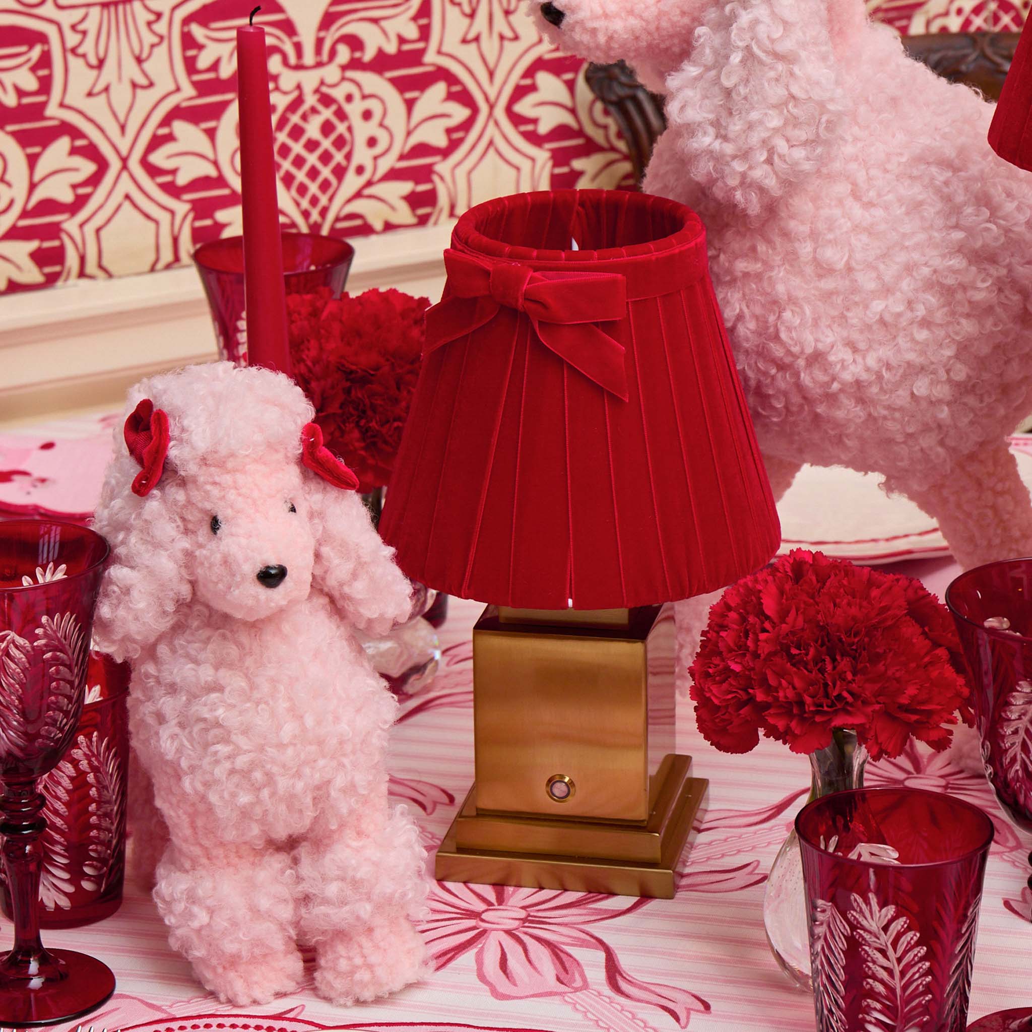 Square Rechargeable Lamp with Red Velvet Bow Shade (18cm)