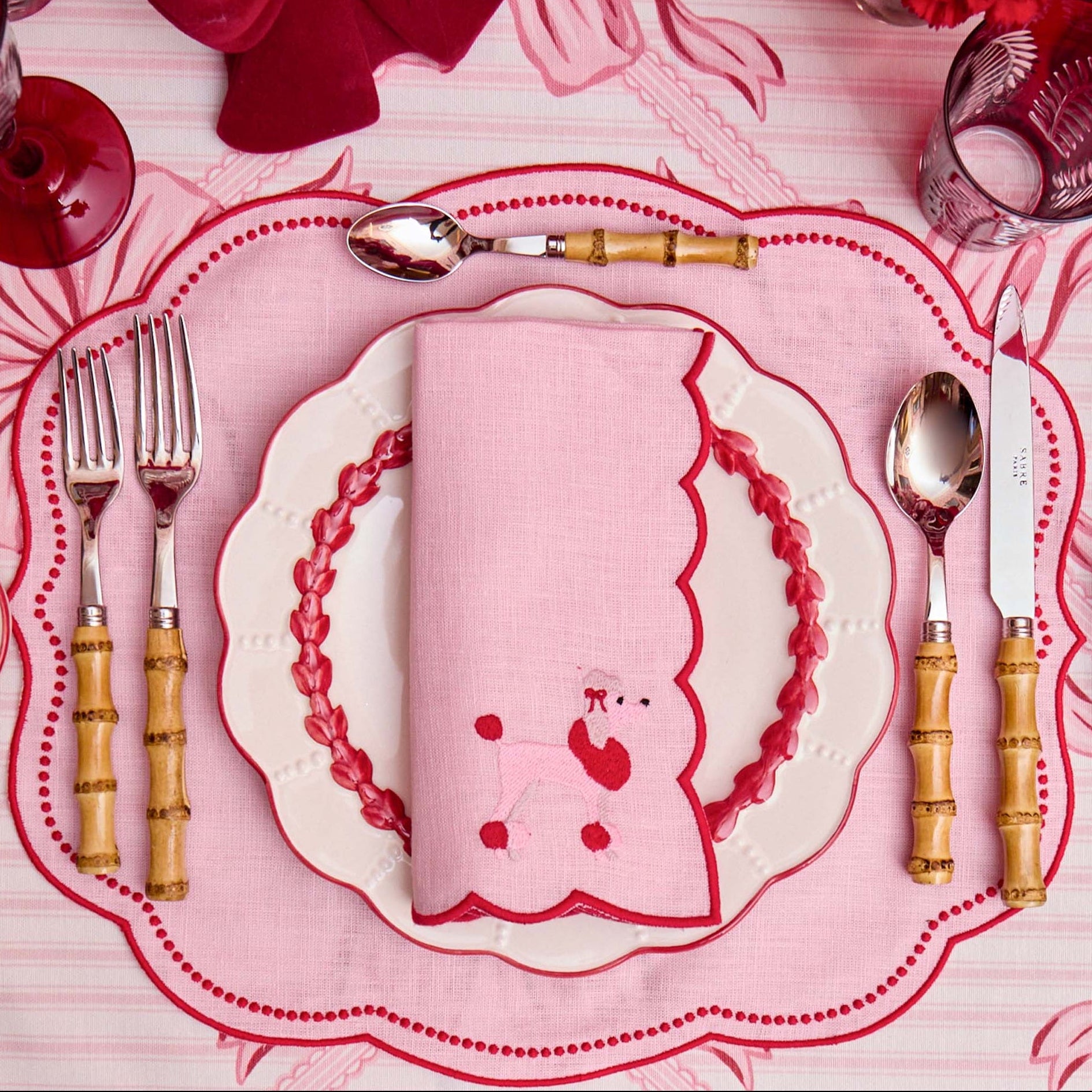 Eloise Pink & Red Linen Placemats & Fifi Poodle Napkins (Set of 4)