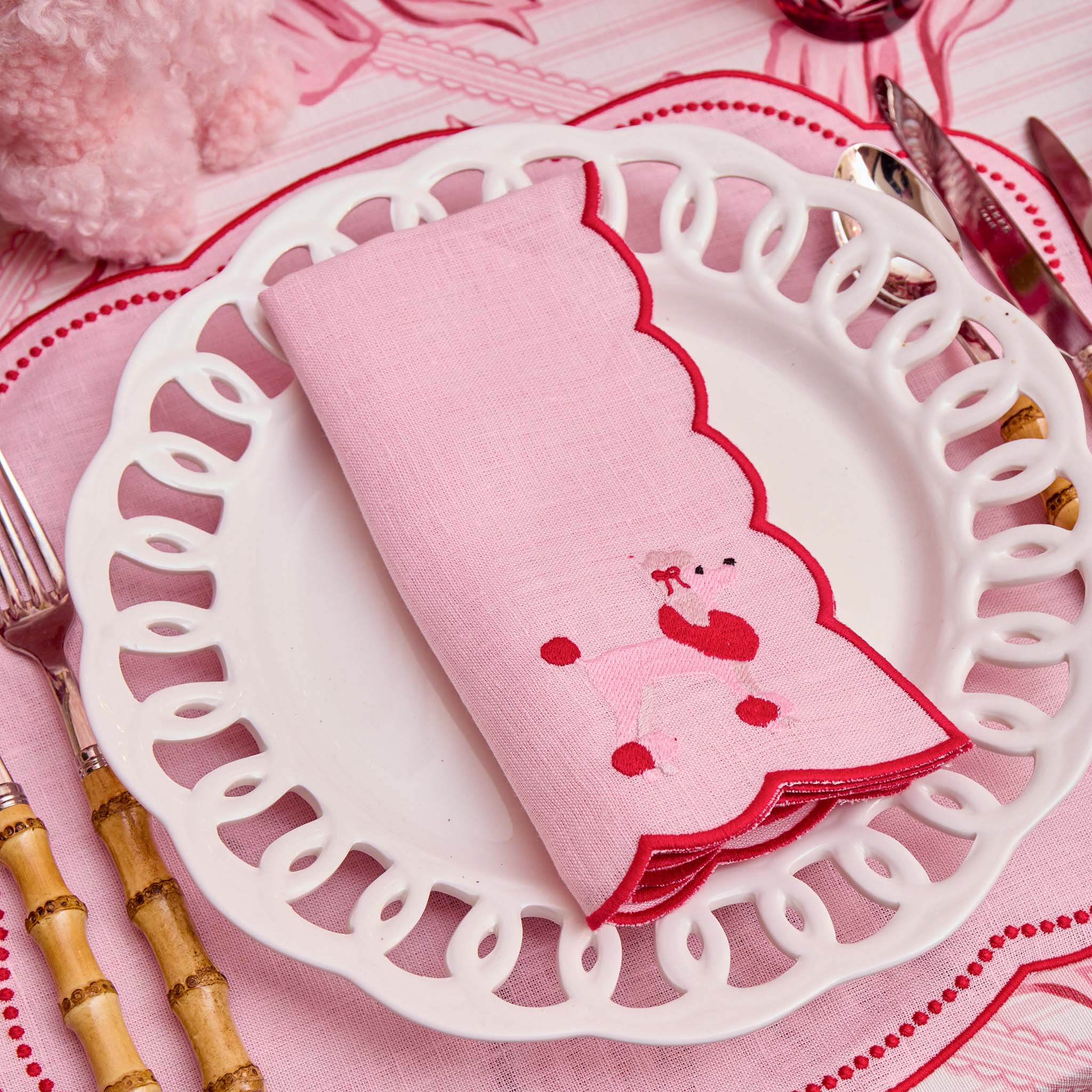Eloise Pink & Red Linen Placemats & Fifi Poodle Napkins (Set of 4)