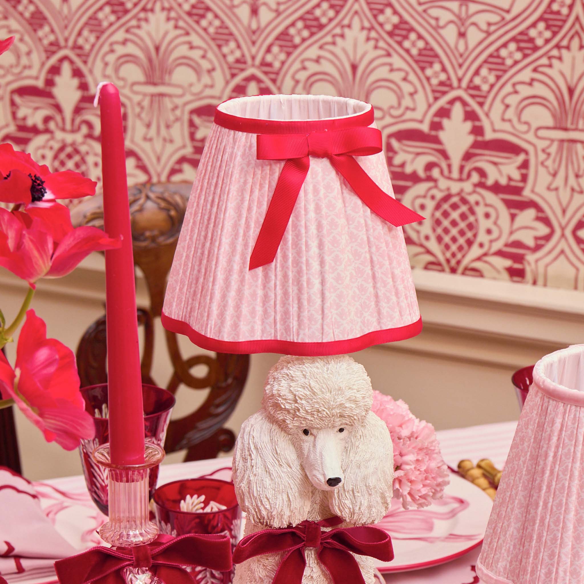 Red Ribboned Fifi Poodle Rechargeable Lamp with Pink & Red Lotus Bow Shade (18cm)