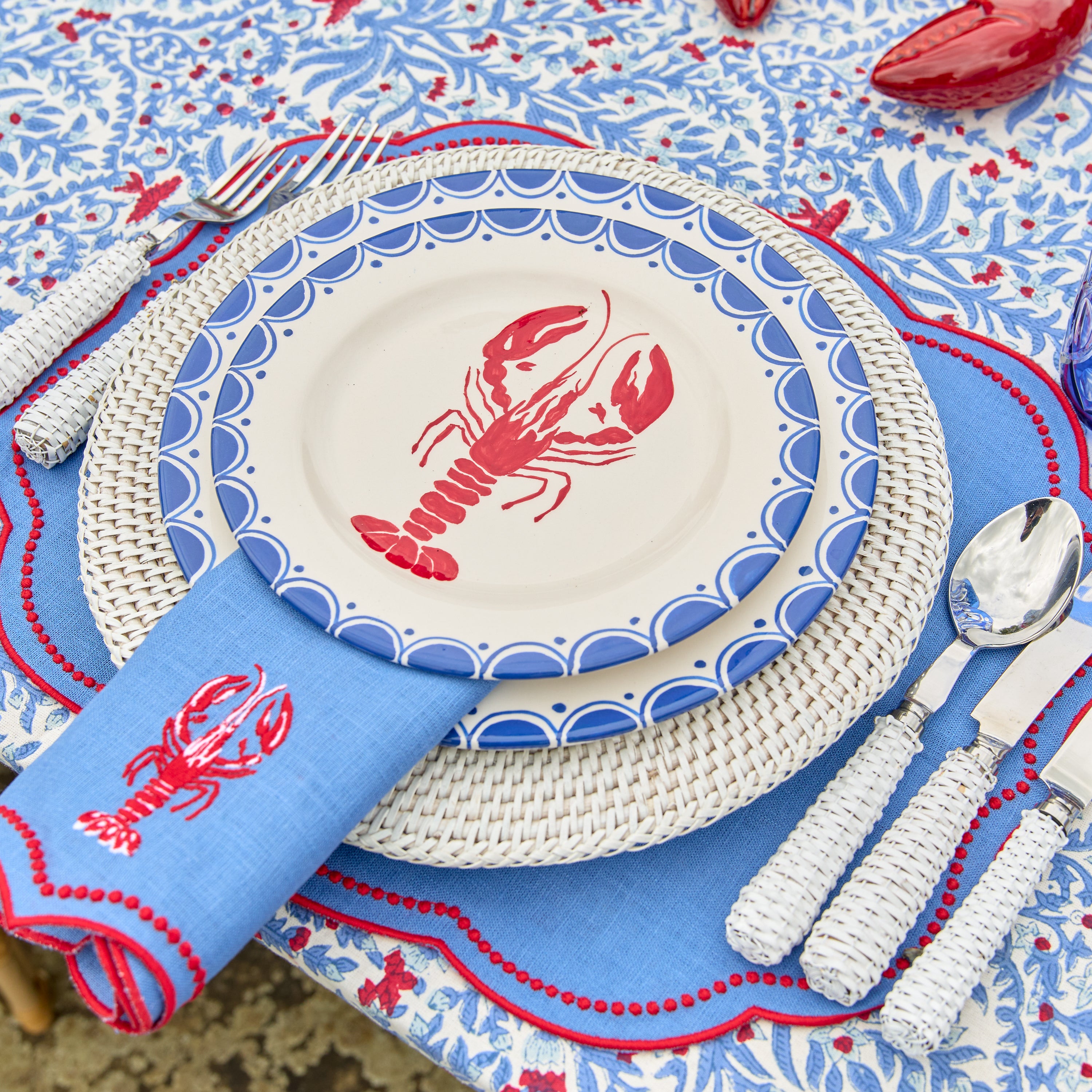 Blue & Red Eloise Linen Placemats & Lobster Napkins (Set of 4)
