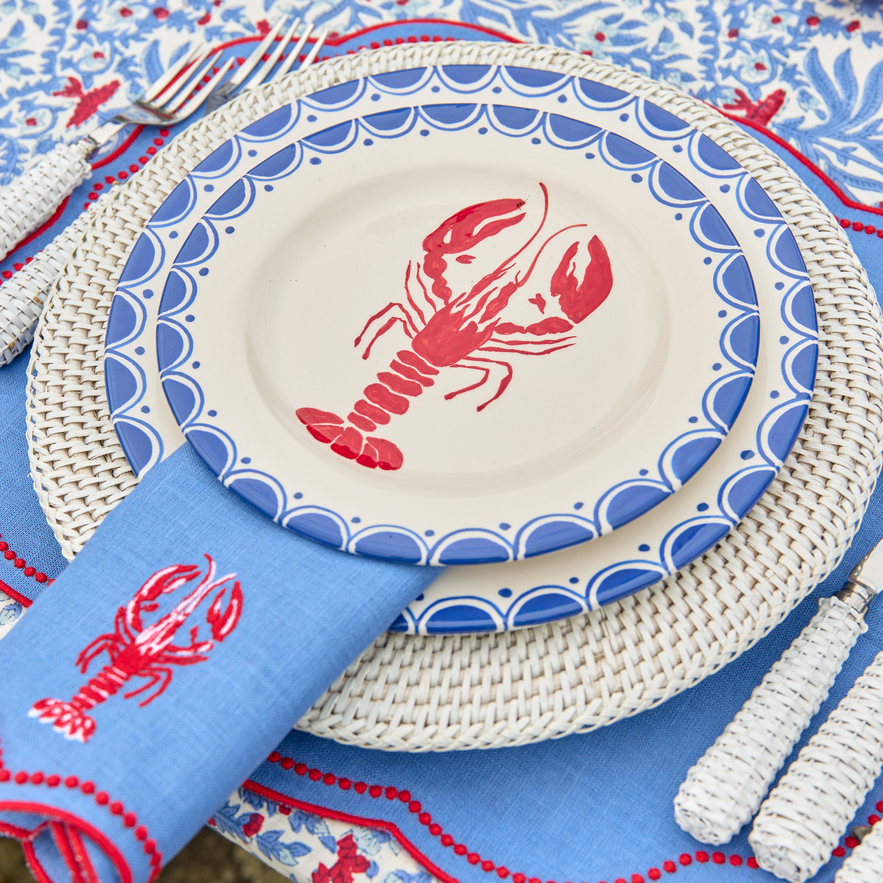 Blue & Red Eloise Linen Placemats & Lobster Napkins (Set of 4)