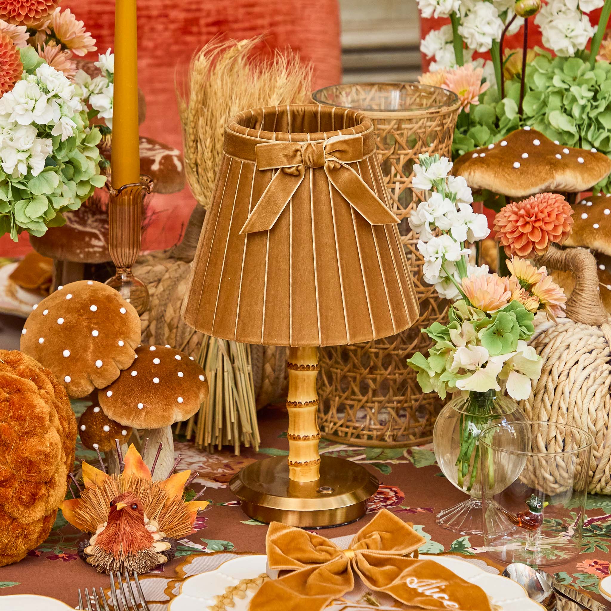 Short Bamboo Rechargeable Lamp with Mustard Velvet Bow Shade (18cm)