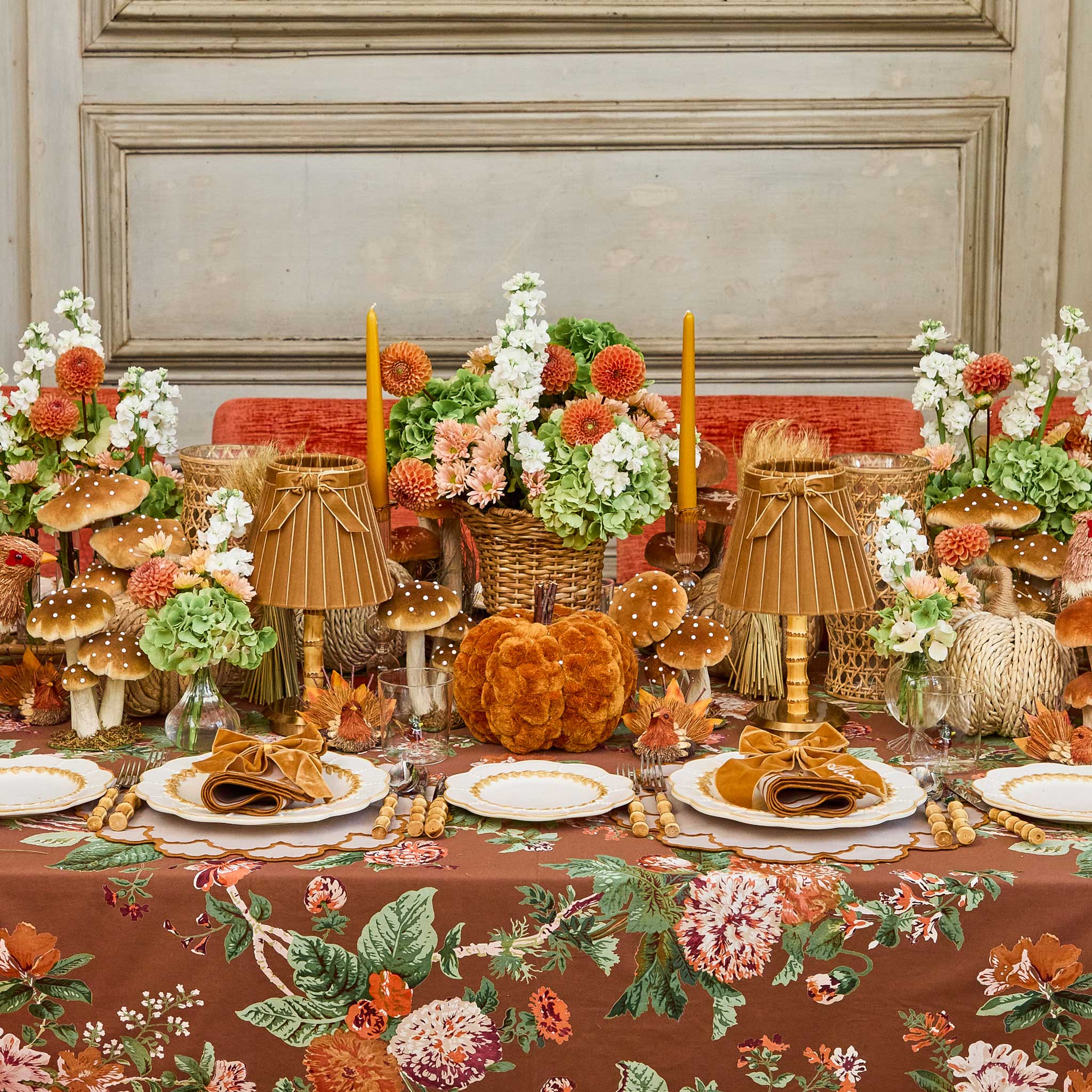 Short Bamboo Rechargeable Lamp with Mustard Velvet Bow Shade (18cm)