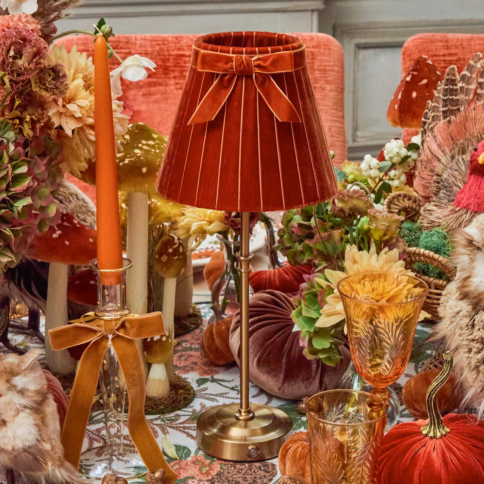 Edie Tall Rechargeable Lamp with Orange Velvet Bow Shade (18cm)