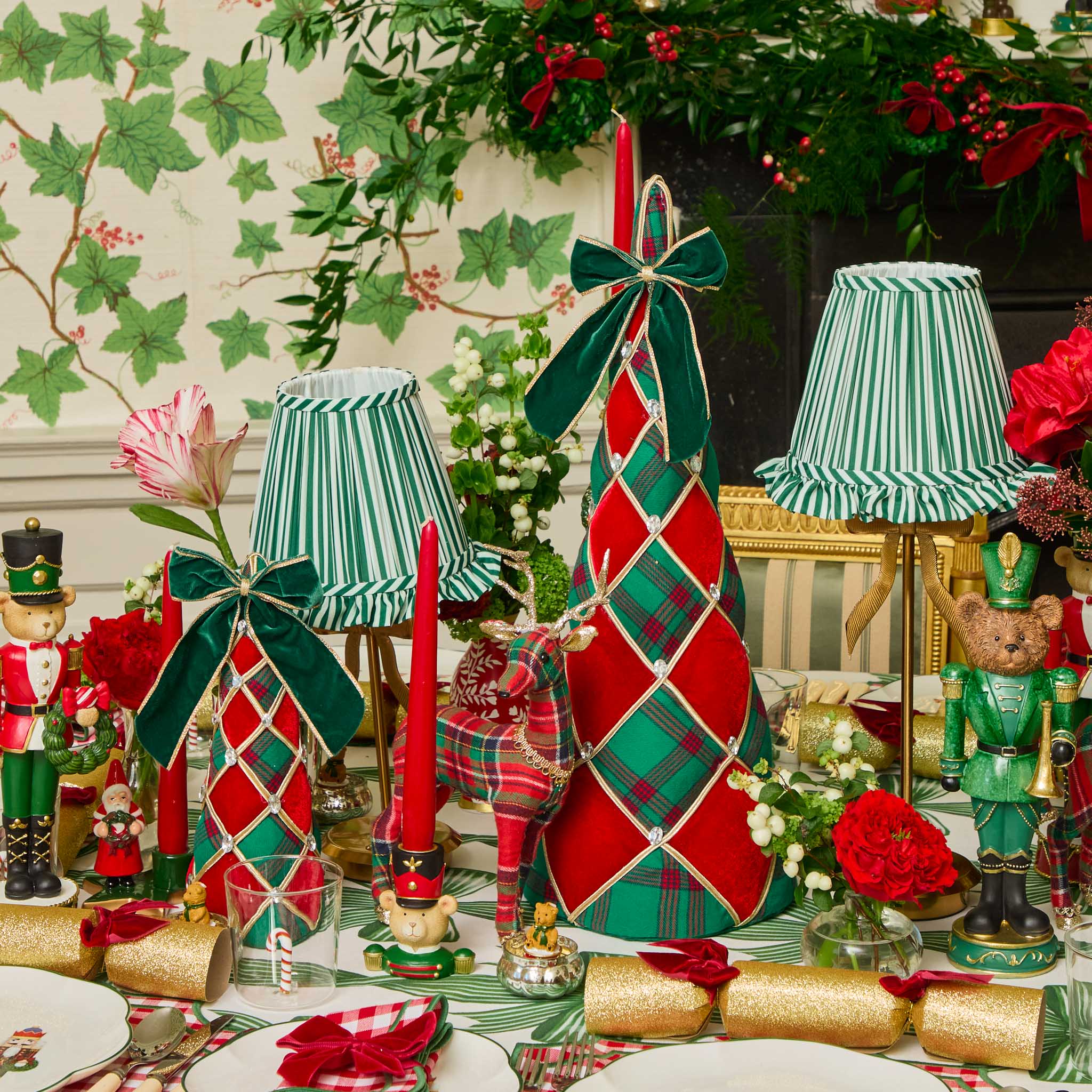 Tall Marilyn Bow Rechargeable Lamp with Frilled Forest Green Striped Ruffle Shade (18cm)